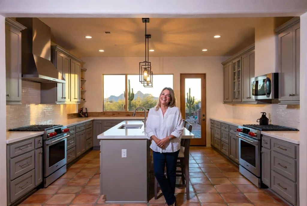 Happy Tucson homeowner in renovated kitchen finished result